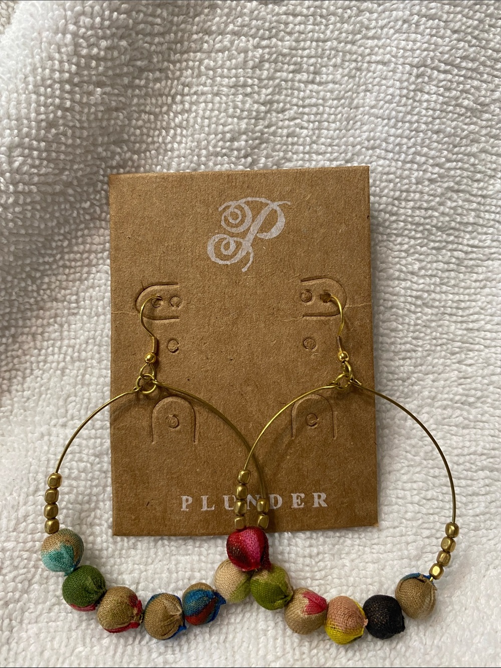 Plunder Gold Tone Hoop Earrings with Multicolor Fabric Beads
